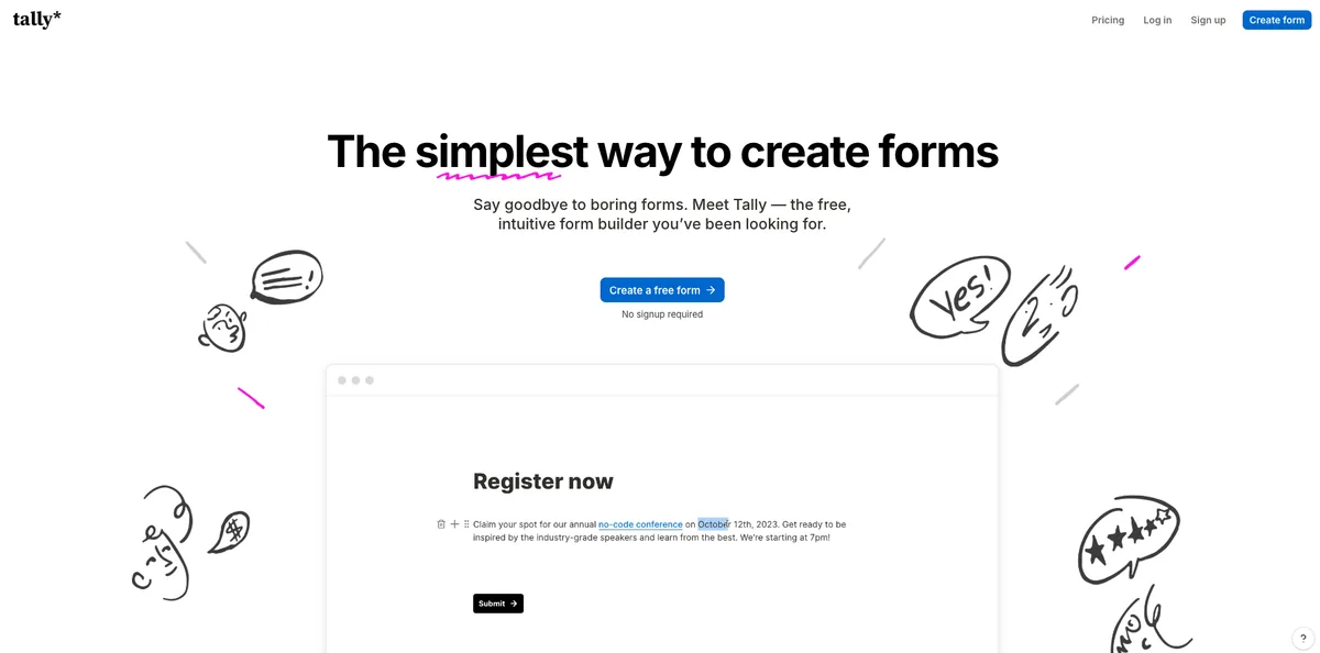 Tally 首页，展示免费表单搭建工具以及 Register now 表单的实时预览