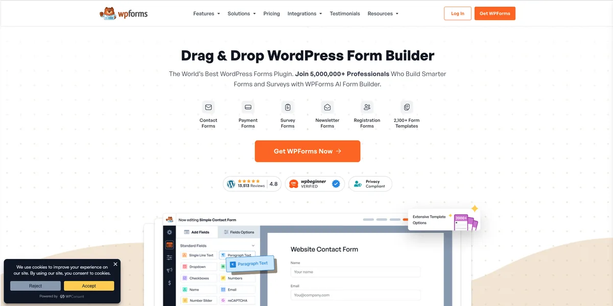 WPForms 首页，展示 WordPress 拖放式表单搭建工具和表单模板